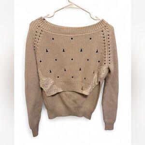 Patrizia Pepe Tan Sweater with Lace and Embroidery